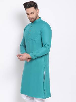 Men's Cotton Solid Jade Green Colour Straight Kurta 2