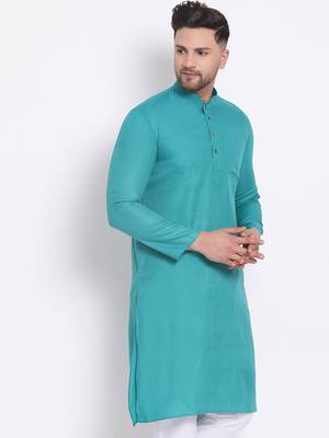 Men's Cotton Solid Jade Green Colour Straight Kurta 3