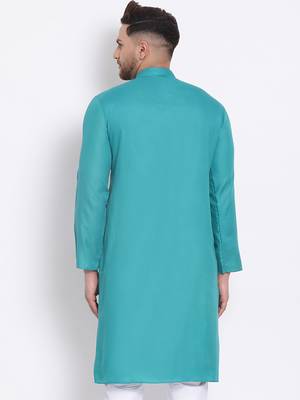 Men's Cotton Solid Jade Green Colour Straight Kurta 4