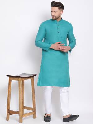 Men's Cotton Solid Jade Green Colour Straight Kurta 5