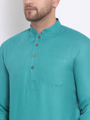 Men's Cotton Solid Jade Green Colour Straight Kurta 6