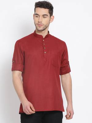 Men's Cotton Solid Maroon Colour Straight Short Kurta 1