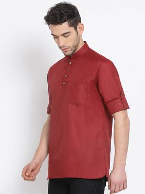 Men's Cotton Solid Maroon Colour Straight Short Kurta 2