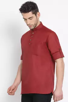 Men's Cotton Solid Maroon Colour Straight Short Kurta