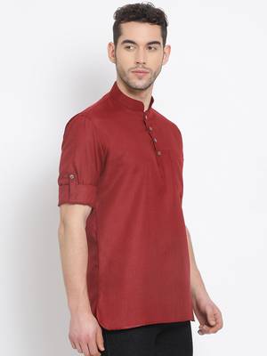 Men's Cotton Solid Maroon Colour Straight Short Kurta 3