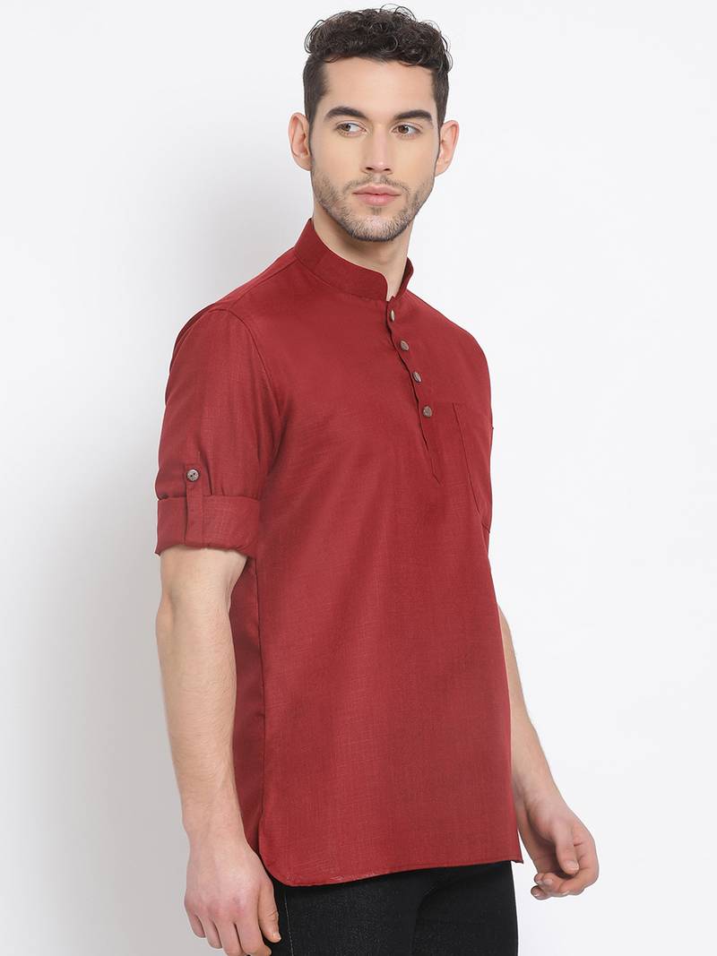 Men's Cotton Solid Maroon Colour Straight Short Kurta