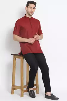 Men's Cotton Solid Maroon Colour Straight Short Kurta