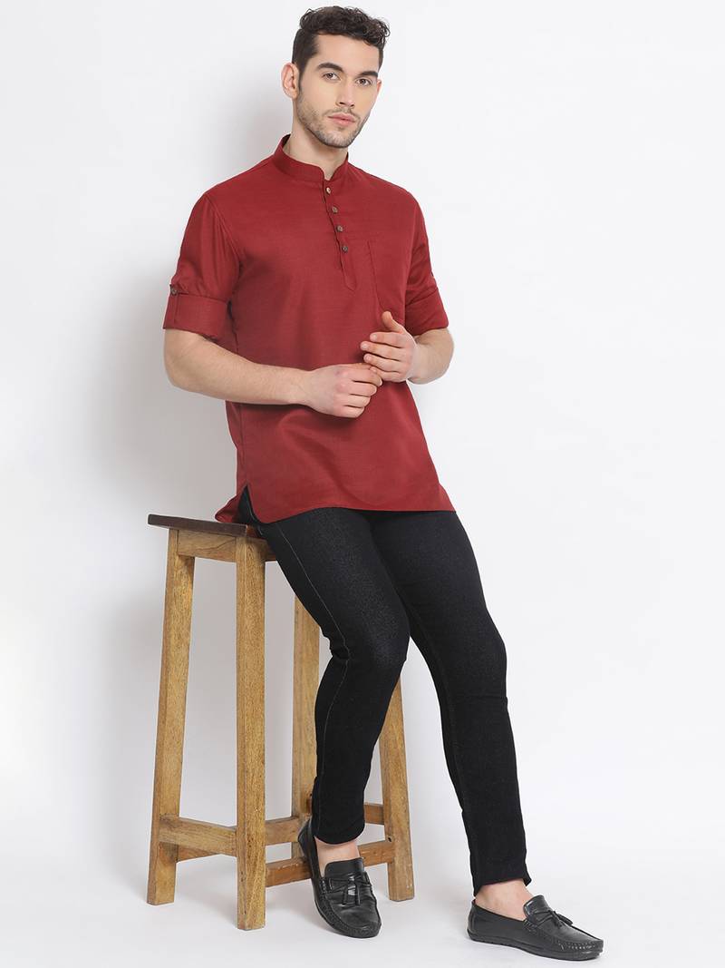 Men's Cotton Solid Maroon Colour Straight Short Kurta