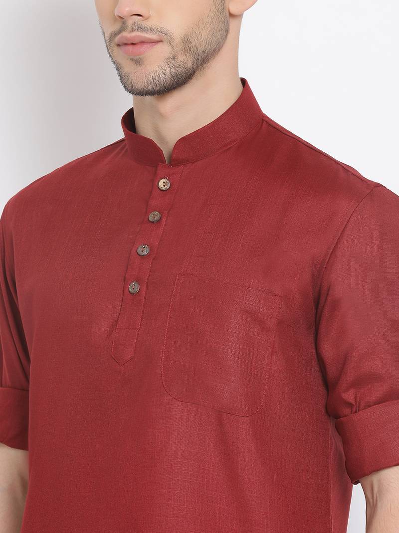 Men's Cotton Solid Maroon Colour Straight Short Kurta