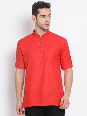 Men's Cotton Solid Tomato Red Colour Straight Short Kurta 1