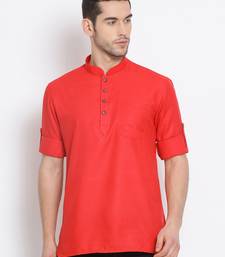 Men's Cotton Solid Tomato Red Colour Straight Short Kurta