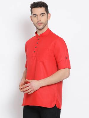 Men's Cotton Solid Tomato Red Colour Straight Short Kurta 2