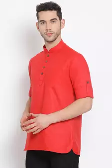 Men's Cotton Solid Tomato Red Colour Straight Short Kurta