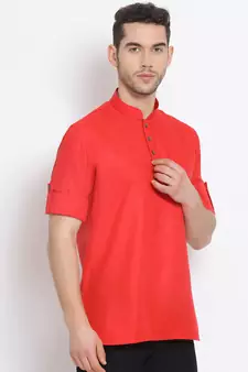 Men's Cotton Solid Tomato Red Colour Straight Short Kurta