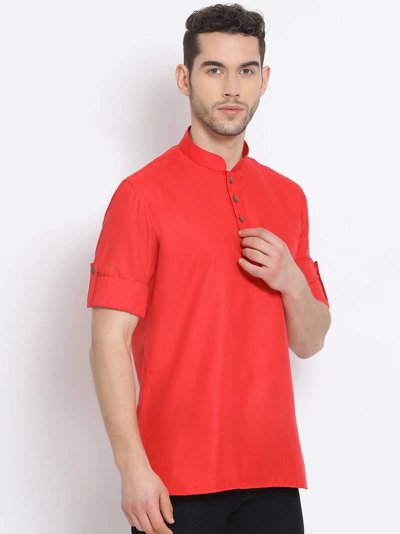 Men's Cotton Solid Tomato Red Colour Straight Short Kurta