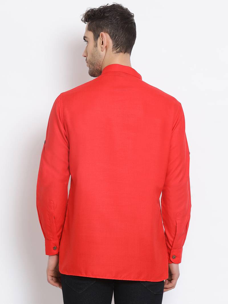 Men's Cotton Solid Tomato Red Colour Straight Short Kurta