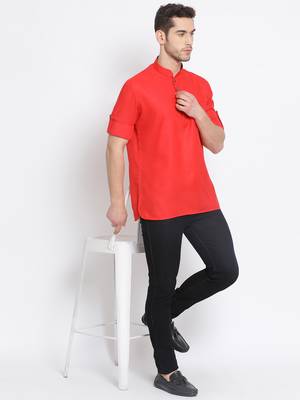 Men's Cotton Solid Tomato Red Colour Straight Short Kurta 5