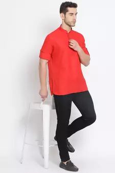 Men's Cotton Solid Tomato Red Colour Straight Short Kurta