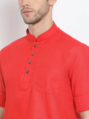 Men's Cotton Solid Tomato Red Colour Straight Short Kurta 6
