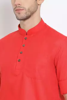 Men's Cotton Solid Tomato Red Colour Straight Short Kurta