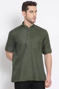Men's Cotton Solid Bottle Green Colour Straight Short Kurta