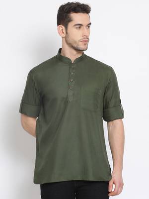 Men's Cotton Solid Bottle Green Colour Straight Short Kurta 1