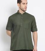 Men's Cotton Solid Bottle Green Colour Straight Short Kurta