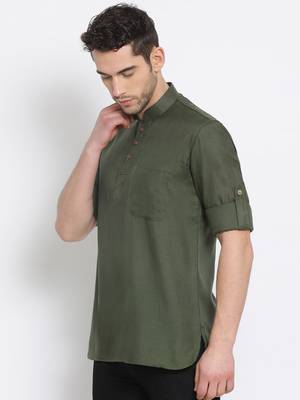 Men's Cotton Solid Bottle Green Colour Straight Short Kurta 2