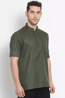 Men's Cotton Solid Bottle Green Colour Straight Short Kurta