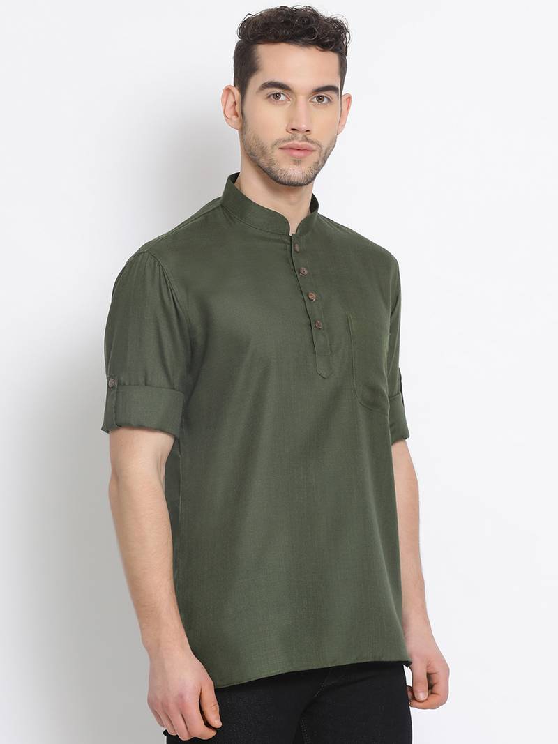 Men's Cotton Solid Bottle Green Colour Straight Short Kurta