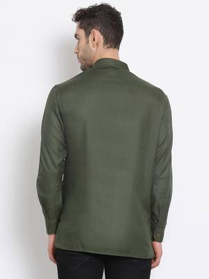 Men's Cotton Solid Bottle Green Colour Straight Short Kurta 4