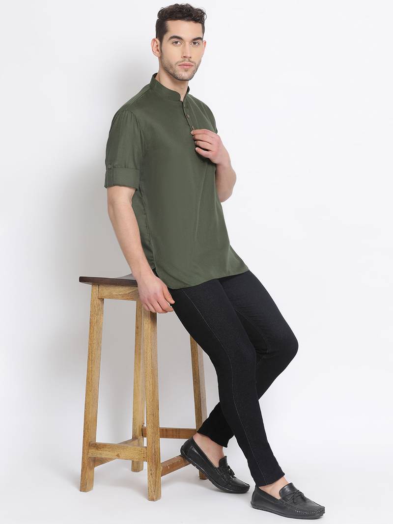 Men's Cotton Solid Bottle Green Colour Straight Short Kurta