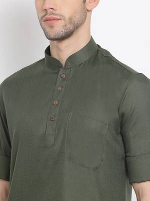 Men's Cotton Solid Bottle Green Colour Straight Short Kurta 6