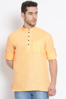Men's Cotton Solid Papaya Colour Straight Short Kurta