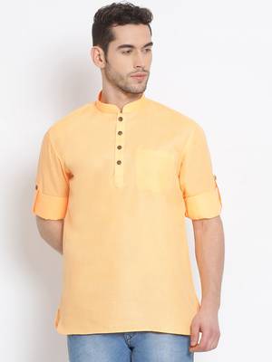 Men's Cotton Solid Papaya Colour Straight Short Kurta 1