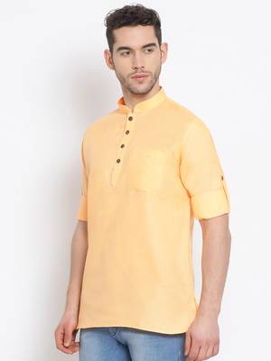 Men's Cotton Solid Papaya Colour Straight Short Kurta 2