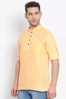 Men's Cotton Solid Papaya Colour Straight Short Kurta
