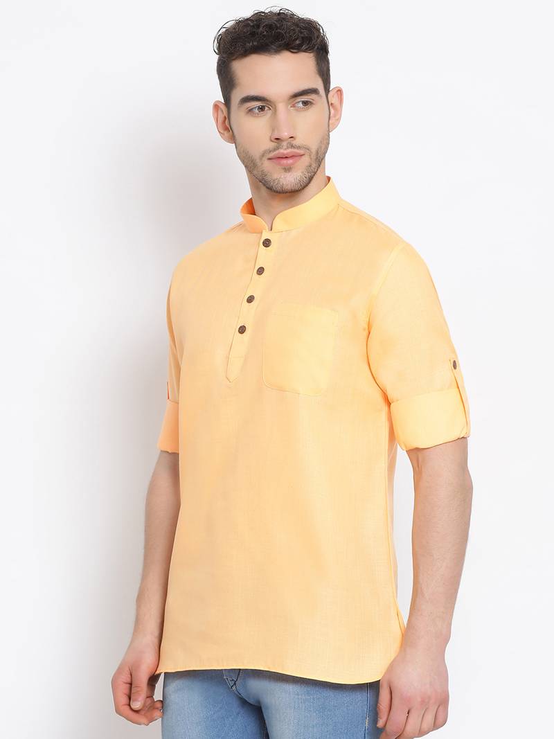 Men's Cotton Solid Papaya Colour Straight Short Kurta