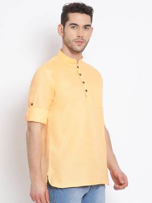 Men's Cotton Solid Papaya Colour Straight Short Kurta 3