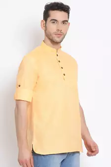 Men's Cotton Solid Papaya Colour Straight Short Kurta