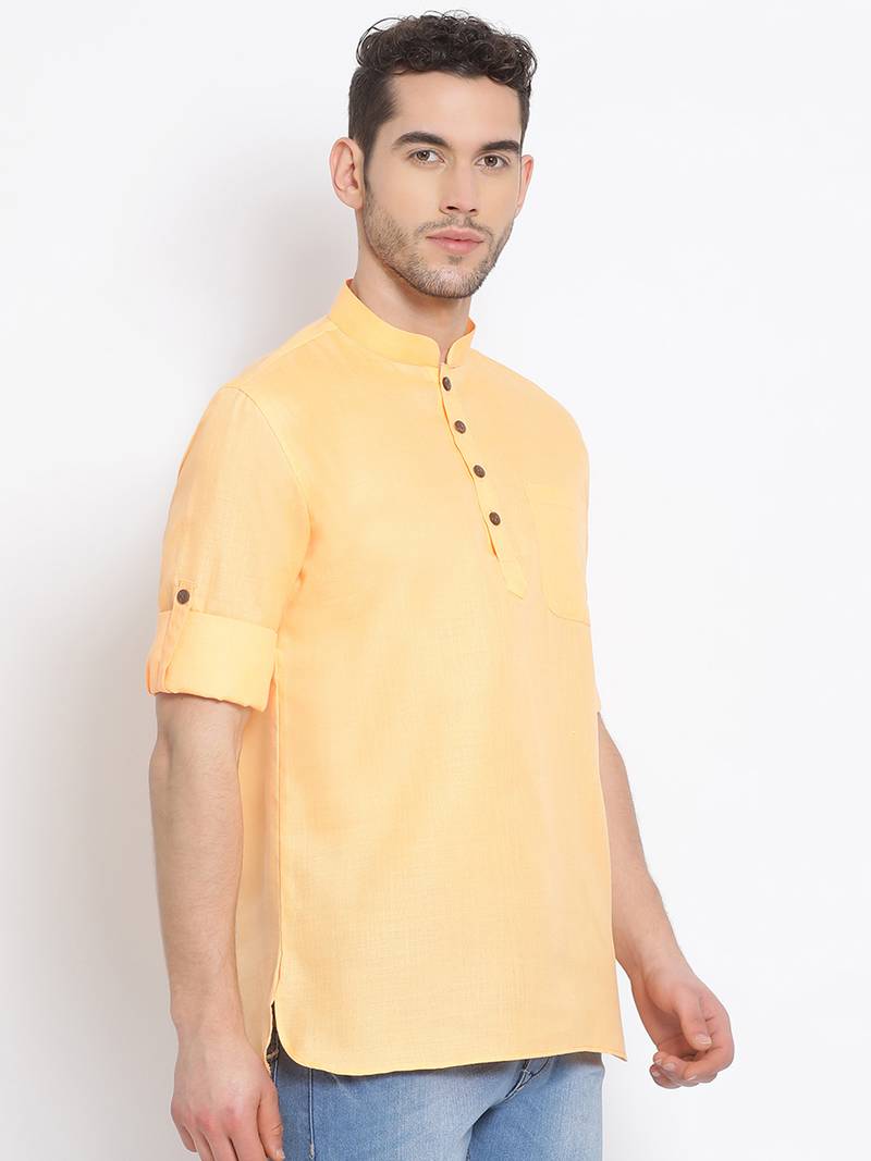 Men's Cotton Solid Papaya Colour Straight Short Kurta