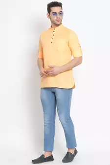 Men's Cotton Solid Papaya Colour Straight Short Kurta