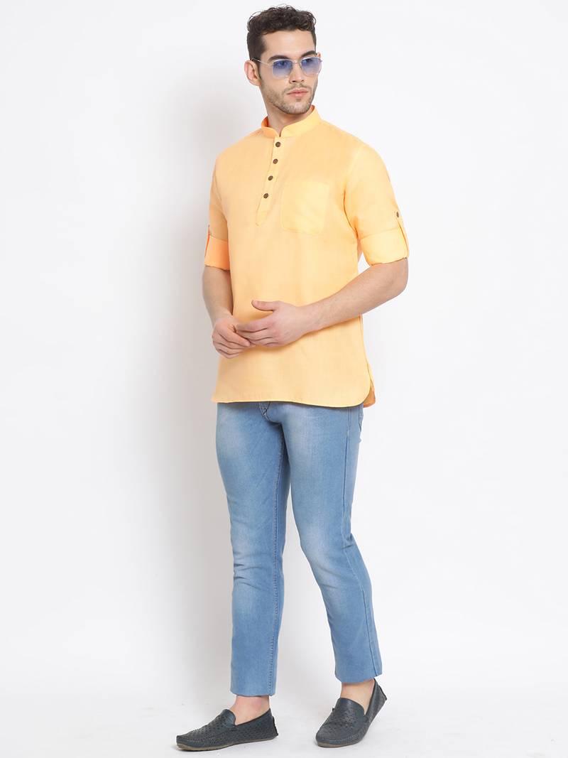 Men's Cotton Solid Papaya Colour Straight Short Kurta