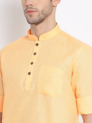 Men's Cotton Solid Papaya Colour Straight Short Kurta 6