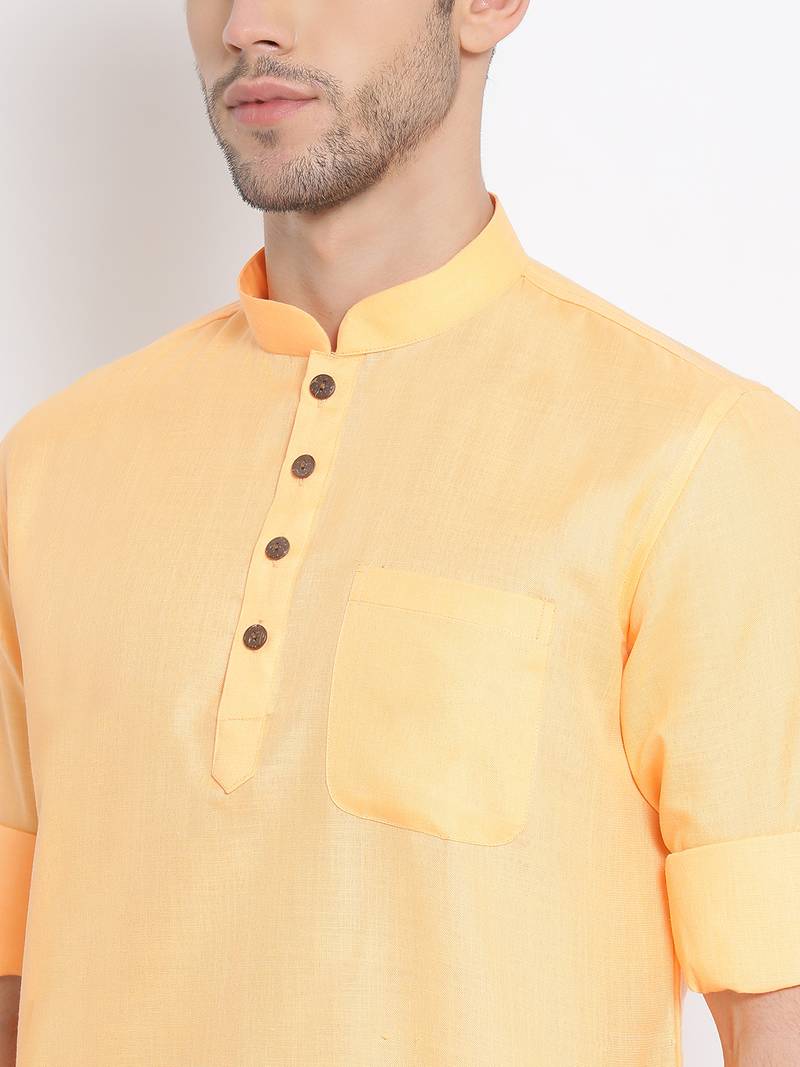 Men's Cotton Solid Papaya Colour Straight Short Kurta