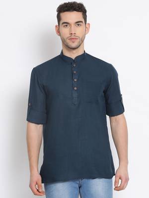 Men's Cotton Solid Denim Blue Colour Straight Short Kurta 1
