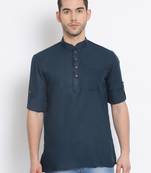 Men's Cotton Solid Denim Blue Colour Straight Short Kurta