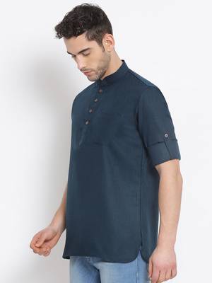 Men's Cotton Solid Denim Blue Colour Straight Short Kurta 2