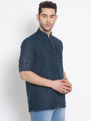 Men's Cotton Solid Denim Blue Colour Straight Short Kurta 3