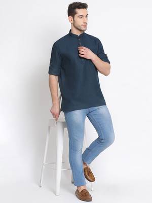 Men's Cotton Solid Denim Blue Colour Straight Short Kurta 5